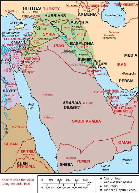 Map of the Middle East in both Biblical and modern times