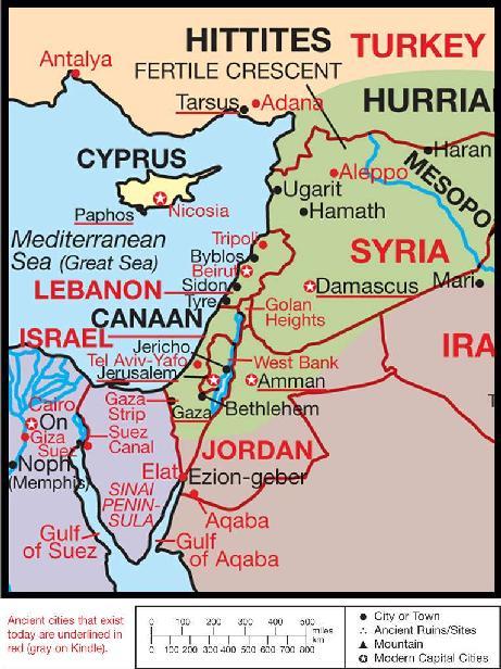 Map (detail) of the Middle East in both Biblical and modern times