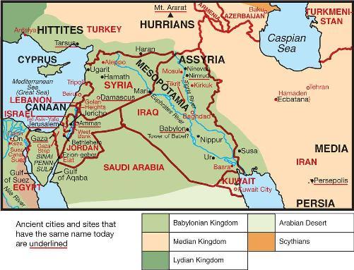 Map of the Babylonian kingdom in both Biblical and modern times