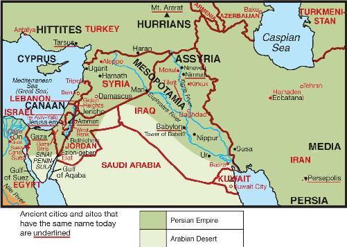 Map of the Persian empire in both Biblical and modern times